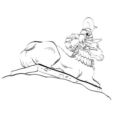 Golden sheep statue animal fairy. Black and white illustration. Fairy tale and adventure. Sheep with horns and a cobraのイラスト素材