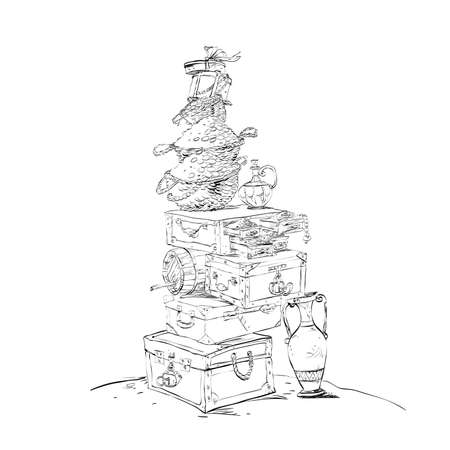 Pirate gold and treasures. Black and white vector illustration. Eastern wealth. Adventures and talesの写真素材
