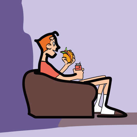 teen boy on the couch eating fast food line art. The food and drinks. The rest of the houseのイラスト素材