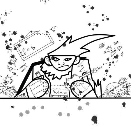 Explosion in chemistry class line art caricature. a failed chemical experiment. Education in the school chemistry lessonのイラスト素材