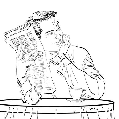 male newspaper Breakfast coffee table hands drawn vector illustrationのイラスト素材