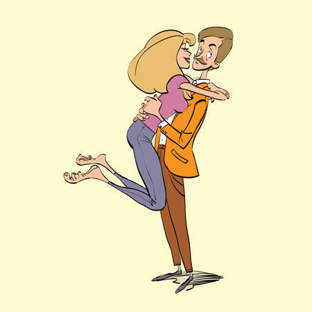 Man and woman couple in love on a date, hand drawn line art illustration. The meeting hugsのイラスト素材