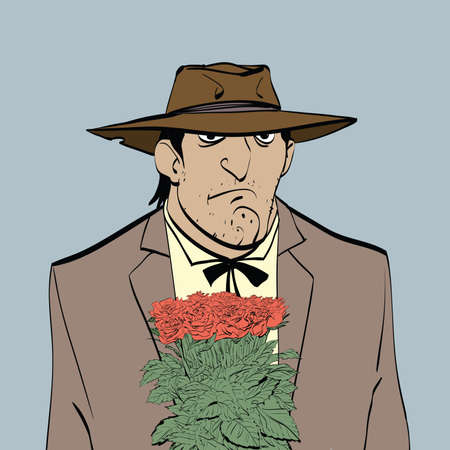 Retro male Hispanic with a bouquet of flowers, drawn line art illustration. Latin gentlemanのイラスト素材