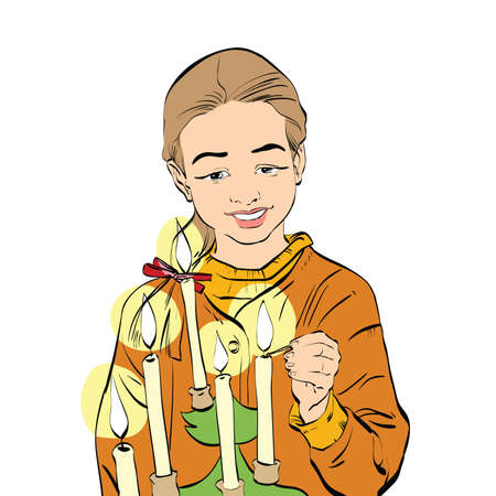 joyful girl lights candles on Christmas tree, color illustration isolated . Christmas holiday and New yearのイラスト素材