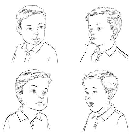 Set boy emotions, hand drawn vector illustration. Black and white imageのイラスト素材