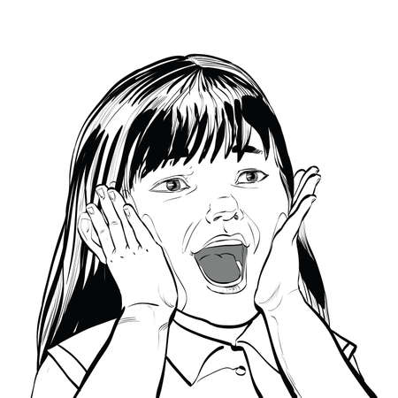 Wow screams cute girl black and white illustration, sketch vector. Surprise and wonder. Childrens emotionsのイラスト素材