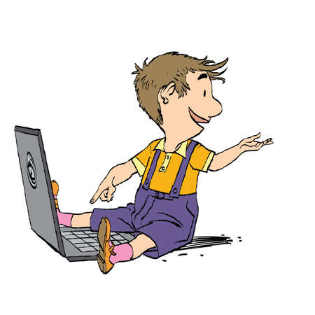 The boy sits with his laptop. New generation. Game and the Internet. Online educationのイラスト素材