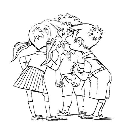 Mystery, a group of children whispering. Two boys and a girl. Black and white illustrationのイラスト素材