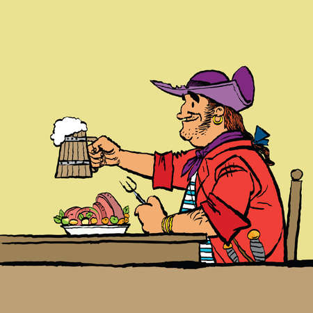 Brave pirate is eating in the tavern. Cartoon hand drawing illustration. Beer and meatのイラスト素材