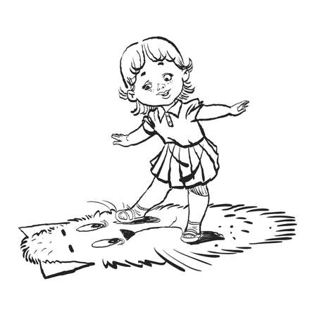 Silhouette of little girl and cat. Cartoon illustration isolate. The toy carpetのイラスト素材