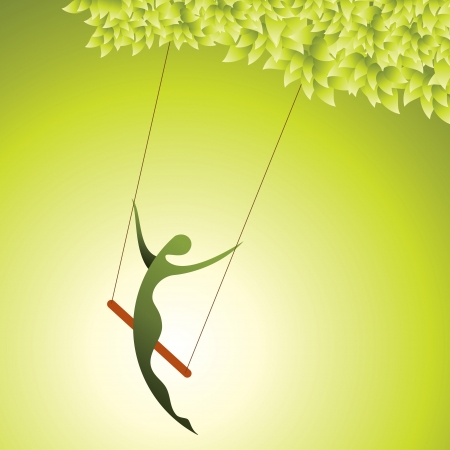 young girl sitting on swing on tree branchesのイラスト素材