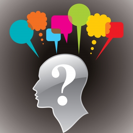 human head with question mark symbol doubt concept and thought bubbleのイラスト素材