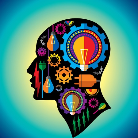 set of gears and bulb inside man headのイラスト素材