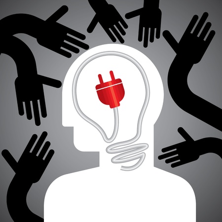 male head silhouette with electric plug and handsのイラスト素材