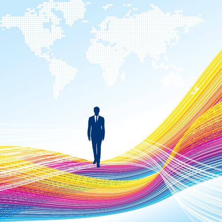 business man illustration silhouette with colorful wave backgroundのイラスト素材