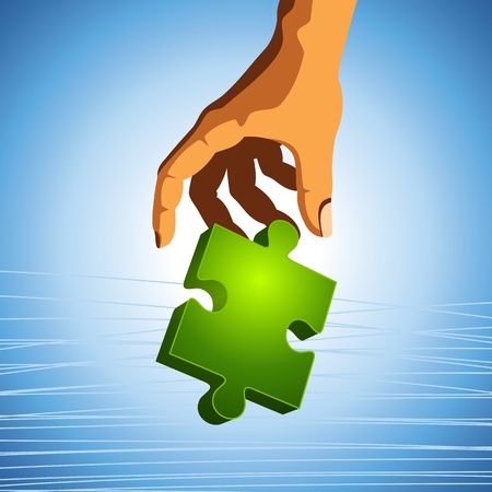 human hand with a green shining piece of puzzleのイラスト素材