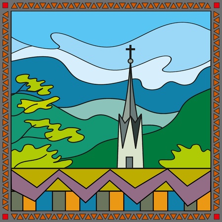 church on top of the mountains at duskのイラスト素材