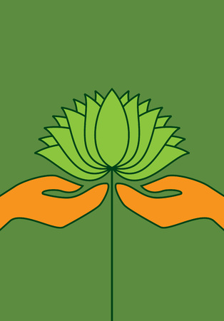 ecological symbols and signs,human's hands and green growing plants & leafsのイラスト素材