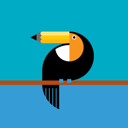 Illustration Funny Toucan Sitting on Branch with pencil, creativeのイラスト素材