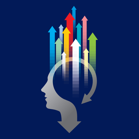 Thoughts and options illustration of head with arrowsのイラスト素材