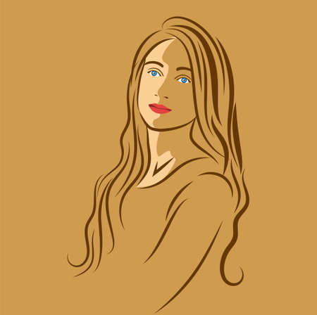 Beautiful girl portrait. Curly pretty woman. Black and white ink style in golden background. Digital sketch hand drawing vector. Illustration.のイラスト素材