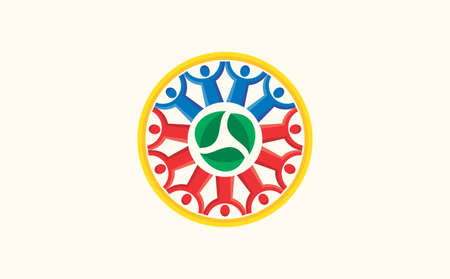 Three happy motivated people in a round colorful for Unity.のイラスト素材