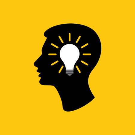 Head with lamp bulb sign icon. Male human head idea symbol.のイラスト素材