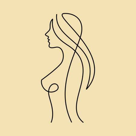 Naked woman standing line drawing on white isolated background. Vector illustrationのイラスト素材