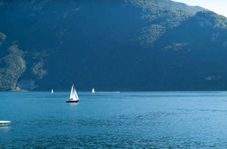 a view of Lake Como from the little Italian town of Abbadia Larianaの写真素材