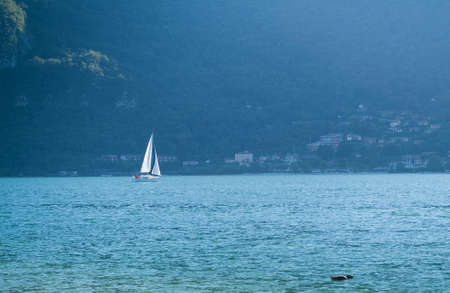 a view of Lake Como from the little Italian town of Abbadia Larianaの写真素材