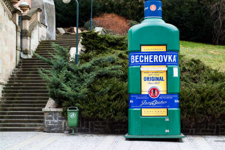 Karlovy Vary, Czech Republic - January 26, 2015: a Becherovka kiosk photographed near Pramen Svoboda in Karlovy Vary on January 26th, 2015. Becherovka is a traditional herbal bitters originated in Karlovy Vary.のeditorial素材