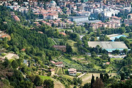 a beautiful view of Bergamo photographed from the upper part of this Italian townの写真素材