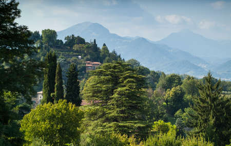 a beautiful view of Bergamo photographed from the upper part of this Italian townの写真素材