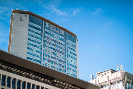 Milan, Italy - September 5th, 2015: photo of the Pirelli Tower in Milan decorated to promote the 2015 Expo event.のeditorial素材