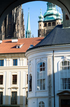 Prague, Czech Republic - January 28th, 2015: closeup photo of the Treasury of St Vitus Cathedral, with the Prague Castle visible in the background.のeditorial素材