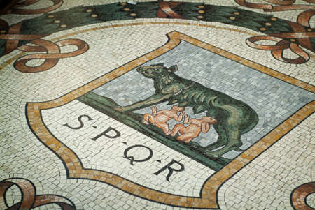 Milan, Italy - September 5th, 2015: closeup photo of floor tiles in the Galleria Vittorio Emanuele II in Milan. The mosaic references the legend of Romulus and Remus.のeditorial素材