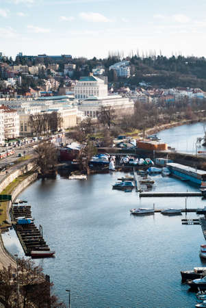 Prague, Czech Republic - January 29, 2015: a view of boats parked in a small marina on the River Vltava, photographed in Vysehrad, Prague, on January 29th, 2015.のeditorial素材