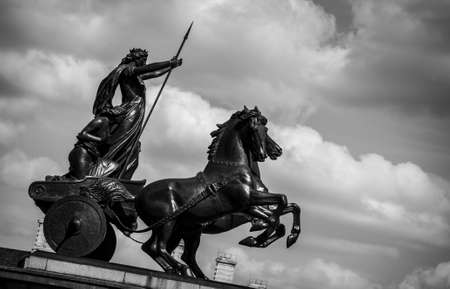LONDON, UK - MAY 25, 2014: Queen Boudica Monument at Westminster Pier in Central London. Processed in black and white.のeditorial素材