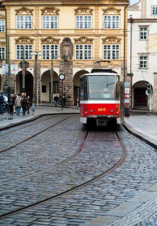Prague, Czech Republic - January 27, 2015: a traditional red Czech tram photographed in Old Prague on January 27th, 2015.のeditorial素材