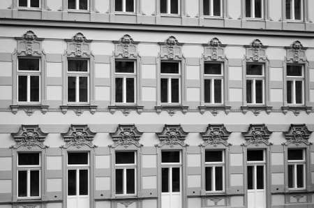 a black and white photo of a traditional Czech facade in Karlovy Vary (Carlsbad)の写真素材