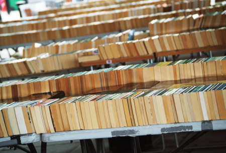 rows of books for sale at the South Bank in Londonの写真素材