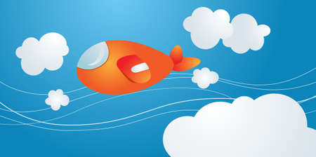 cartoony airplane in the cloudy blue skyのイラスト素材