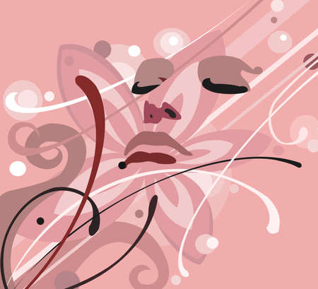 abstract illustration with flower and face against pink backgroundの写真素材