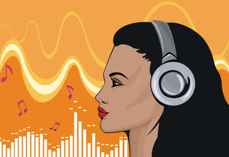 girl's profile against abstract music backgroundの写真素材