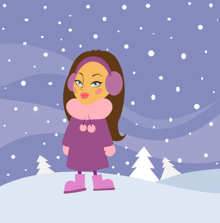 lovely cartoon girl against Winter background with snow and fir treesの写真素材