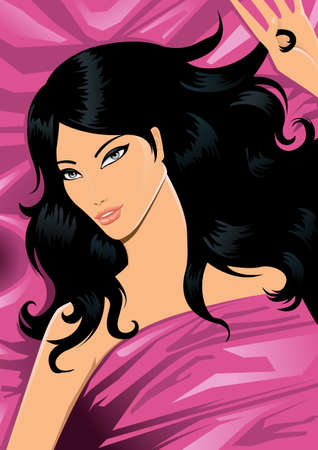 illustration of a beautiful black-haired girl in bedの写真素材