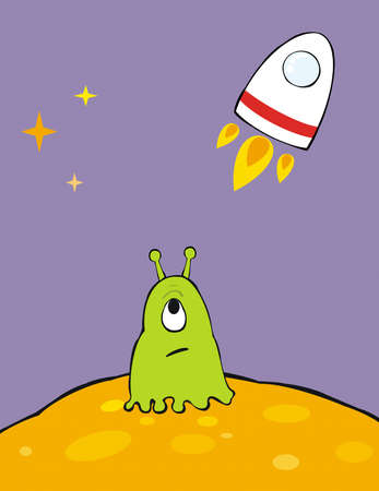 poor lonely alien watching spaceship passing byの写真素材