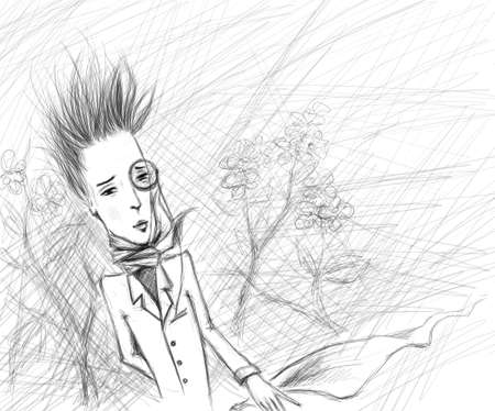 pencil sketch of a weir-looking young man in a monocleの写真素材