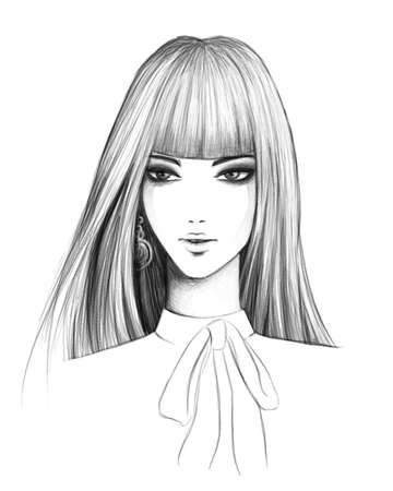 pencil sketch of a fashionable brunette girlの写真素材