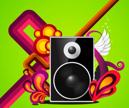 black loud speaker in a colourful decorative settingの写真素材